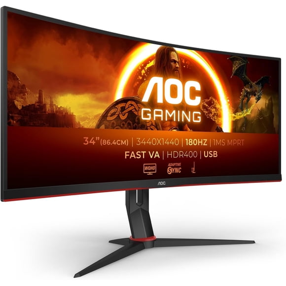 AOC - CU34G2XP Monitor de Juegos Curvo VA de 34", WQHD (3440x1440), 180 Hz, 1 Ms, Freesync, HDR 400 - Negro/plata/rojo