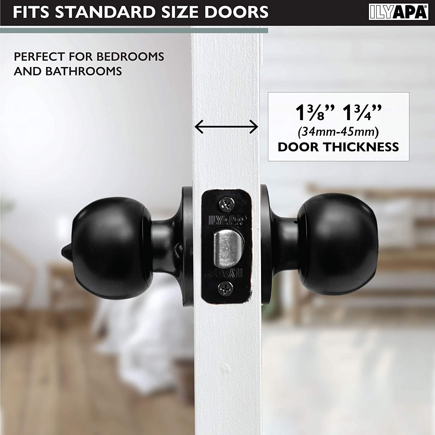 Ilyapa Privacy Door Knob for Bed/Bath - Ball, Matte Black Interior Keyless Turn Thumb Locking Round Door Handle, Matte Black, 6 Pack