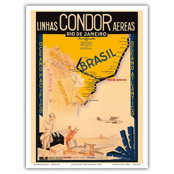 Rio De Janeiro Brazil - Air Routes in Brazil - Condor Varig Airline - Vintage Airline Travel Poster by Clement c.1930s - Master Art Print (Unframed) 9in x 12in