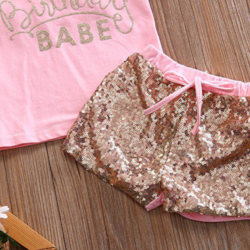 3 Style Baby Girl Gold Letter Print Sleeveless Vest Bowknot Headband Gold Sequins Shorts Pants Outfit Set