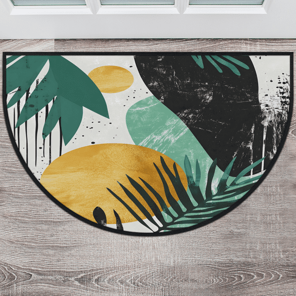 CURLYOOT Retro Abstract Leaf and Sun Half Round Door Mat 40'' x 63'', Indoor Outdoor Entrance Rug, Semi Circular Area Rug, Non Slip Washable Absorbent Doormat, Laundry Room Rug