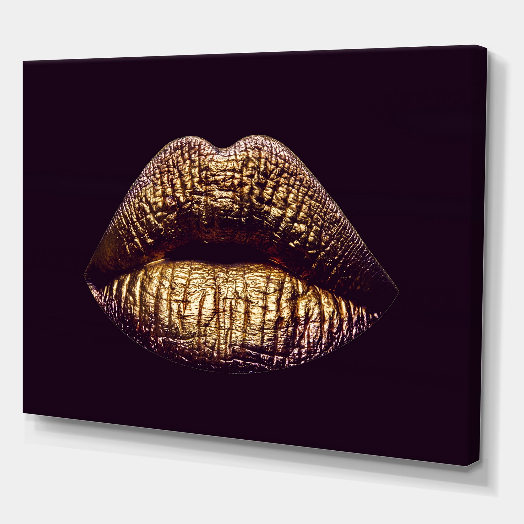 Designart ' Sexy Golden Metallized Woman Lips II ' Modern Canvas Wall Art Print