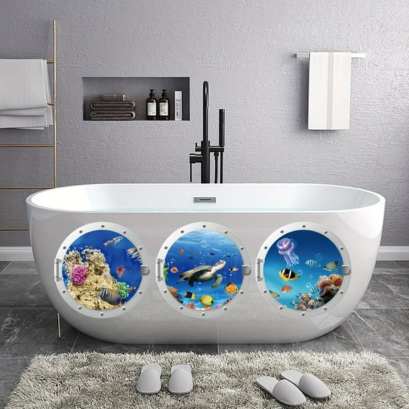 3 PCS Ocean World Wall Window Stickers, 11 Inches Porthole 3D Sea Turtle, Shark, Dolphin Window Sticker Sea Life Wall Window Décor