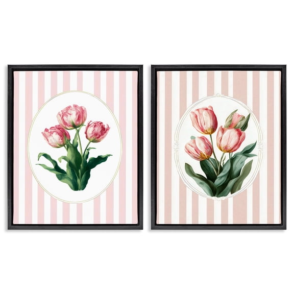 Stupell Industries Blush Tulips on Stripes 2 Piece Black Framed Floater Canvas Set, design by Ink Drop Loft