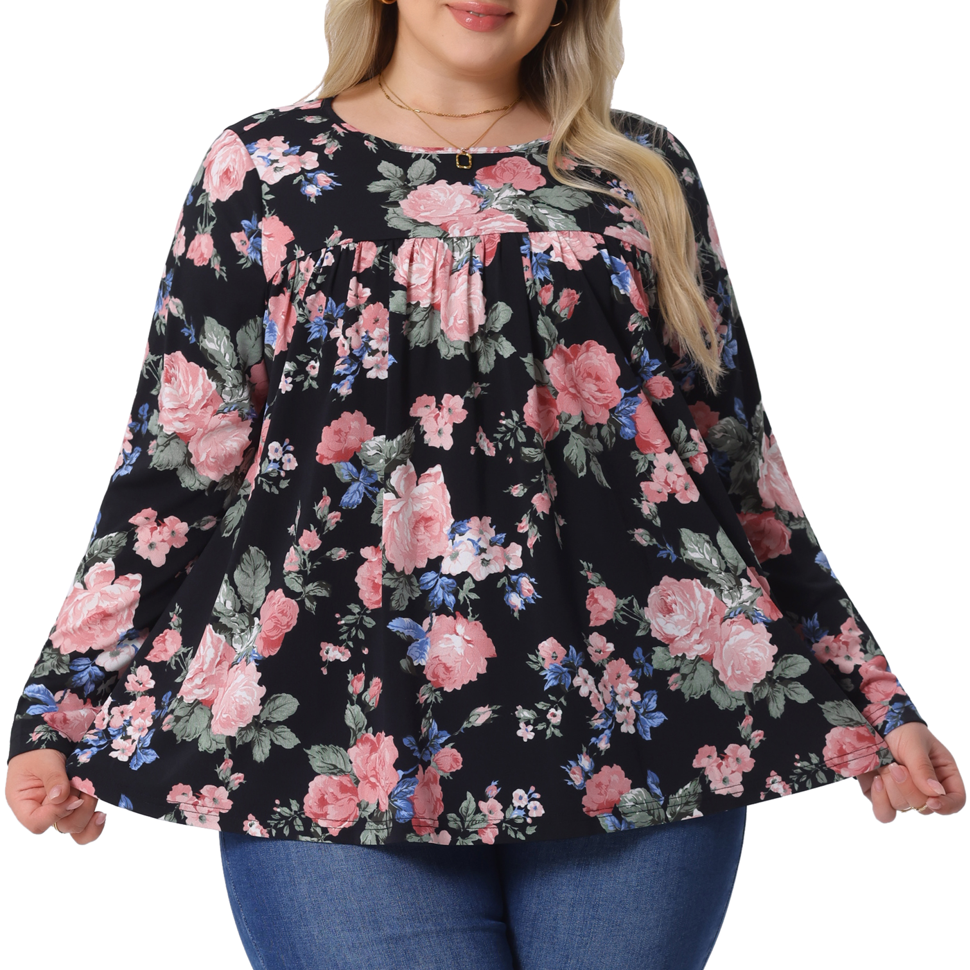DARING DIVA Women's Plus Size Floral Long Sleeve Pleated Crew Neck Blouse 2X Black
