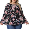 thumbnail image 2 of DARING DIVA Women's Plus Size Floral Long Sleeve Pleated Crew Neck Blouse 4X Black, 2 of 6