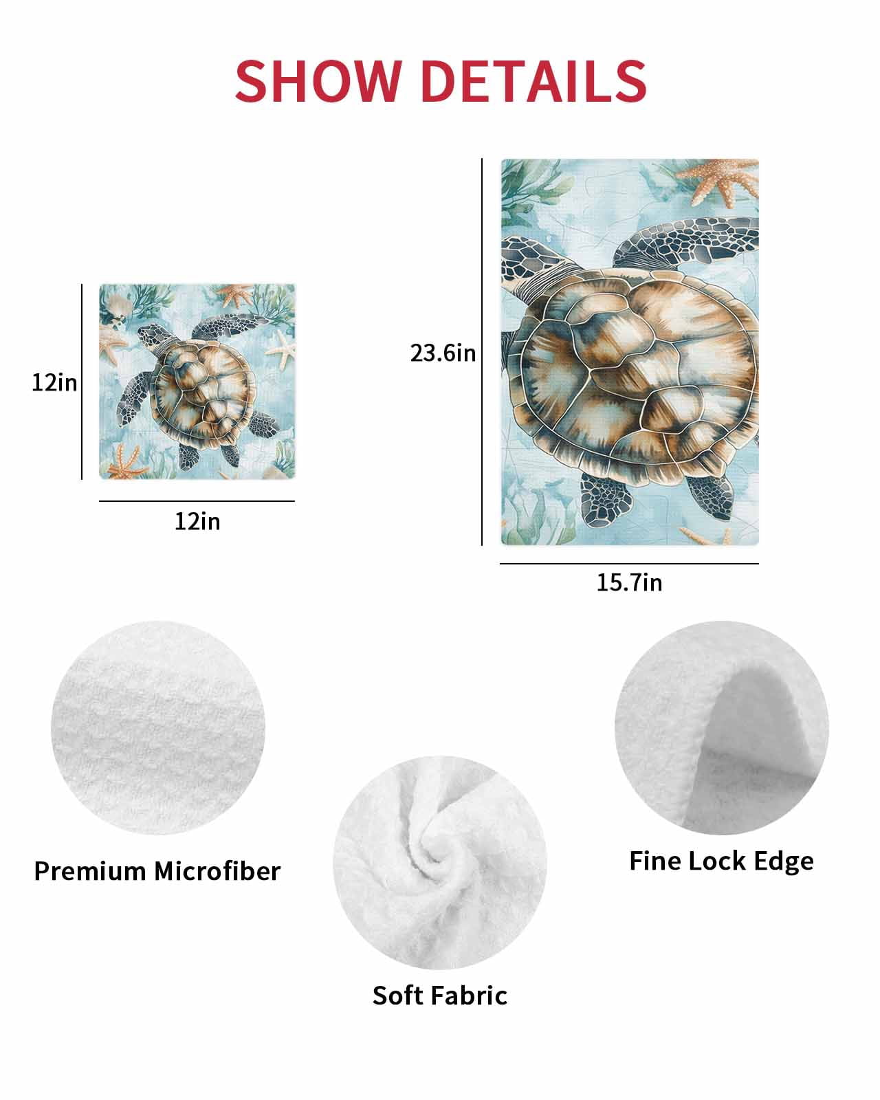Teal Sea Turtle Coastal Dish Towels Set, Waffle Weave Kitchen Towels 3 Pieces, Summer Beach Nautical Coral Microfiber Hair Face Bath Tea Towel Absorbent Quick Drying Cleaning Dish Cloths, 12"x12"