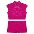 thumbnail image 3 of Hansber Kids Girls Dance Outfits 2-Piece Sleeveless Rhinestones Cutout Mock Neck Crop Top with Shorts Set Hot Pink 12, 3 of 7