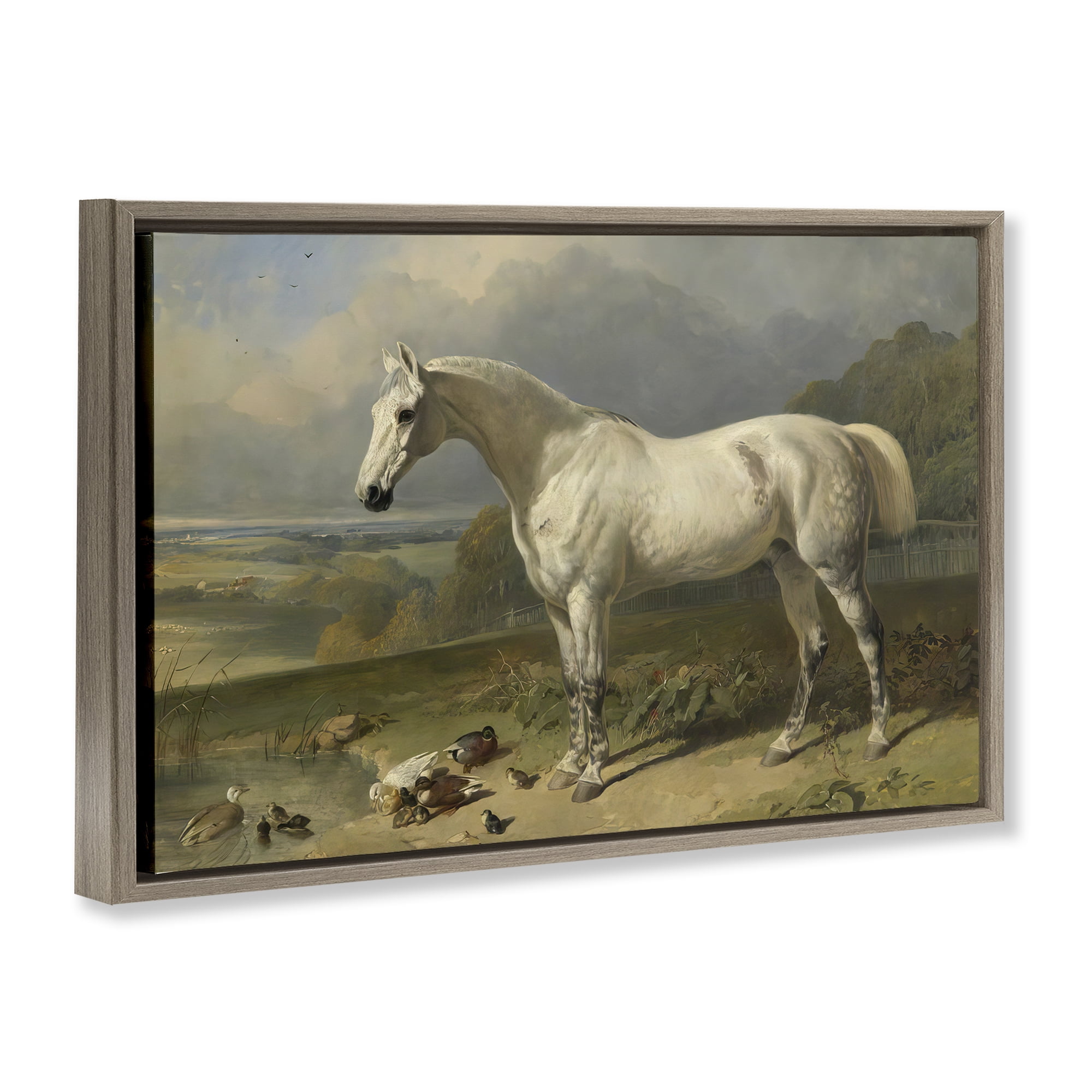 Stupell Industries Grey Horse And Ducks In Landscape Brown Framed Floater Canvas Wall Art, design by Tina LeCour