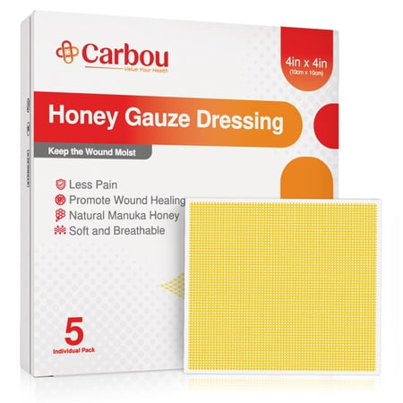 Carbou Honey Gauze Dressing 4'' x 4'' 5pcs Sterile Honey Wound Dressing, Medical Grade Manuka Honey Patches for Faster Wound Care Burns Traumatic Wounds and Laceration