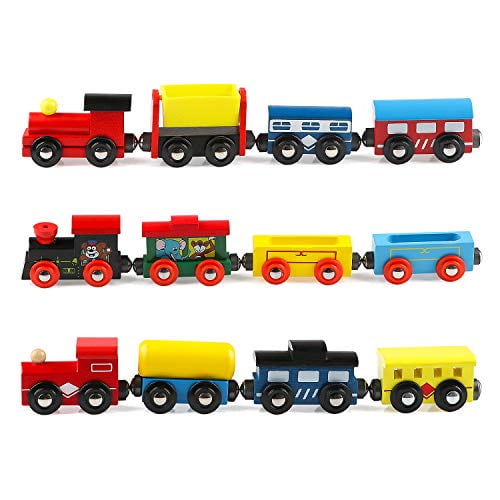 Joqutoys Wooden Train Set 12 PCS, Train Toys Set Includes 3