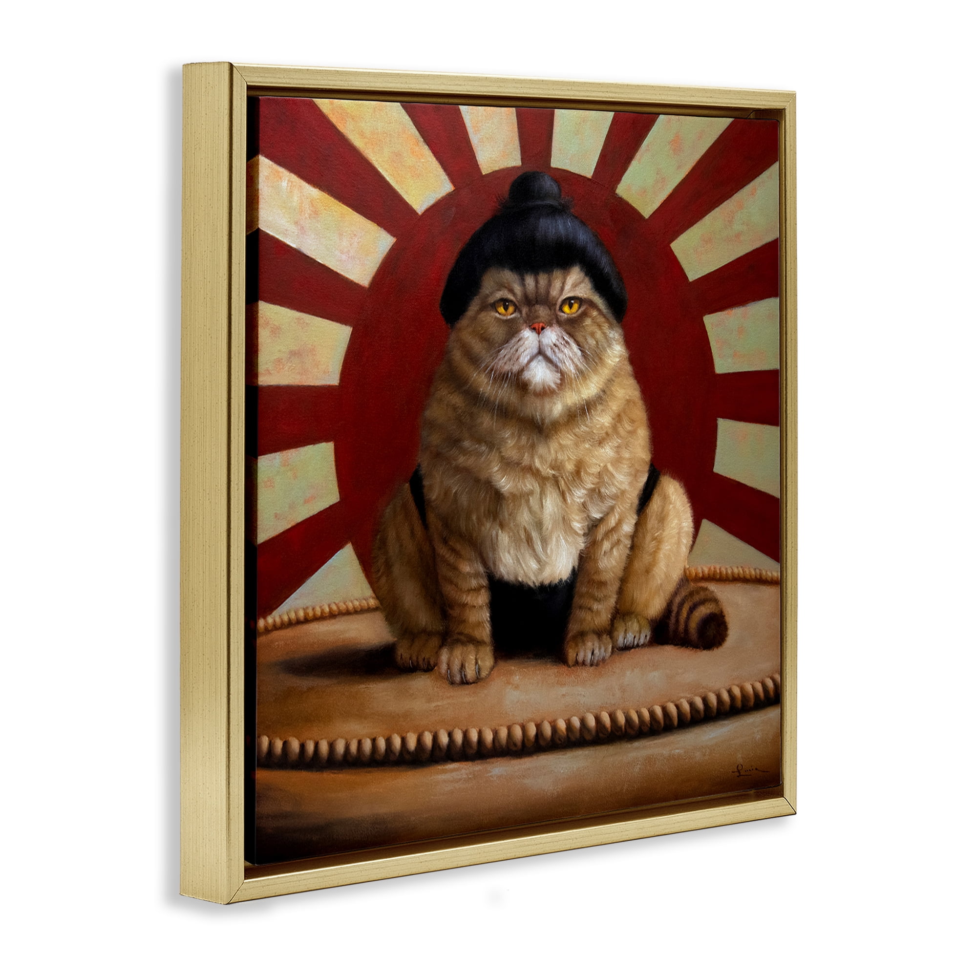 Stupell Industries Sumo Cat with Sun Rays Gold Framed Floater Canvas Wall Art, design by Lucia Heffernan