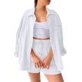 thumbnail image 4 of Women Crinkled Textured Two Piece Outfit Set, Lapel Long Sleeve Button Shirt & High Waist Drawstring Shorts, Plus Size Casual Loungewear Suit for Vacation Daily Street Wear 06-White XL, 4 of 4