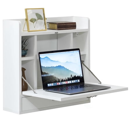 Basicwise Wall Mounted Folding Desk with Storage Shelves - Floating Table with Drawers, Space Saving for Small Spaces, 23.75 x 6.75 x 23 in, White for Home Office, Bedroom, Study, Dorm Room