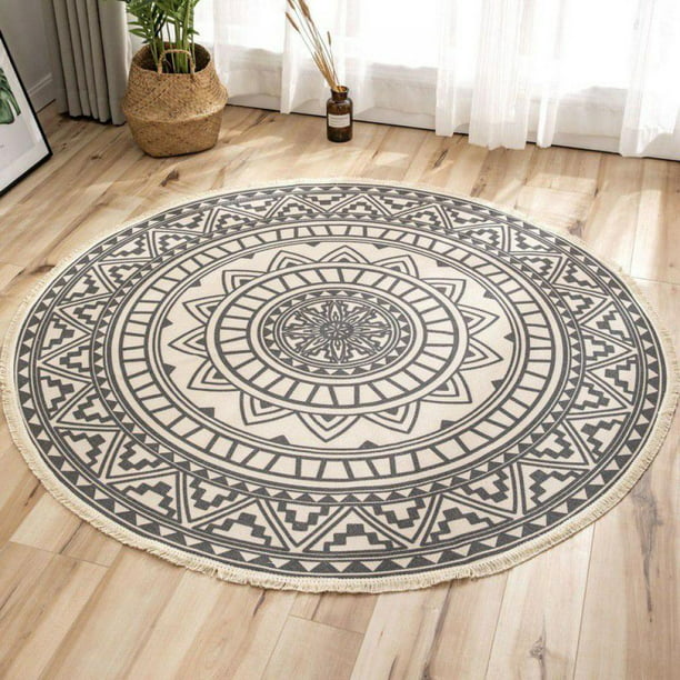 Round Area Rug 3ft Tufting Hand Woven, Round Cream Rug With Tassels