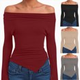 thumbnail image 3 of Towmus Women's Spring Long Sleeve Y2K Crop Top Solid Color Off Shoulder Tops Fitted Knit Tee Shirts Going Out T-shirt, 3 of 8