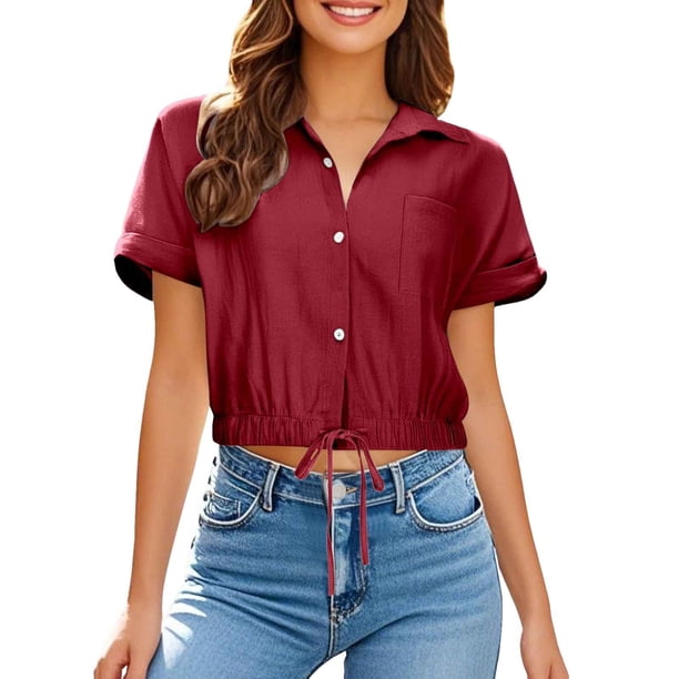 Camisa de manga corta con solapa y botones para mujer, top de playa con bolsillo, poliéster ligero, versátil para ocasiones informales y al aire libre