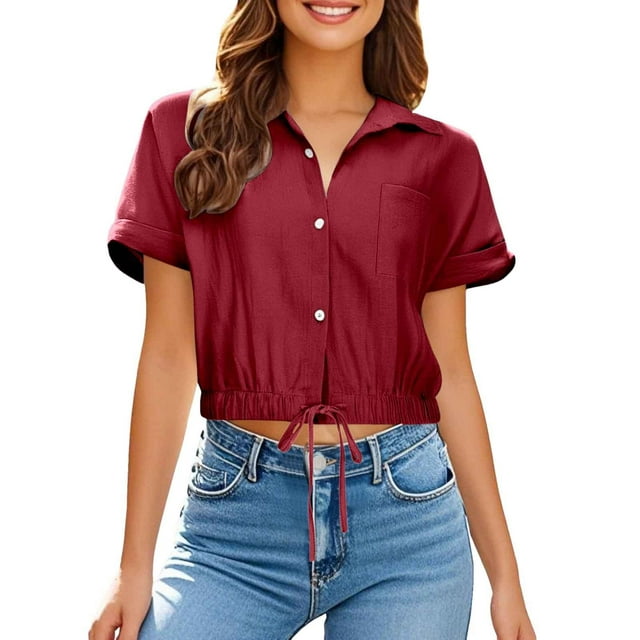 Chemise Courte à Manches Courtes pour Femmes avec Poche Poitrine Décontractée Plage et Blouse