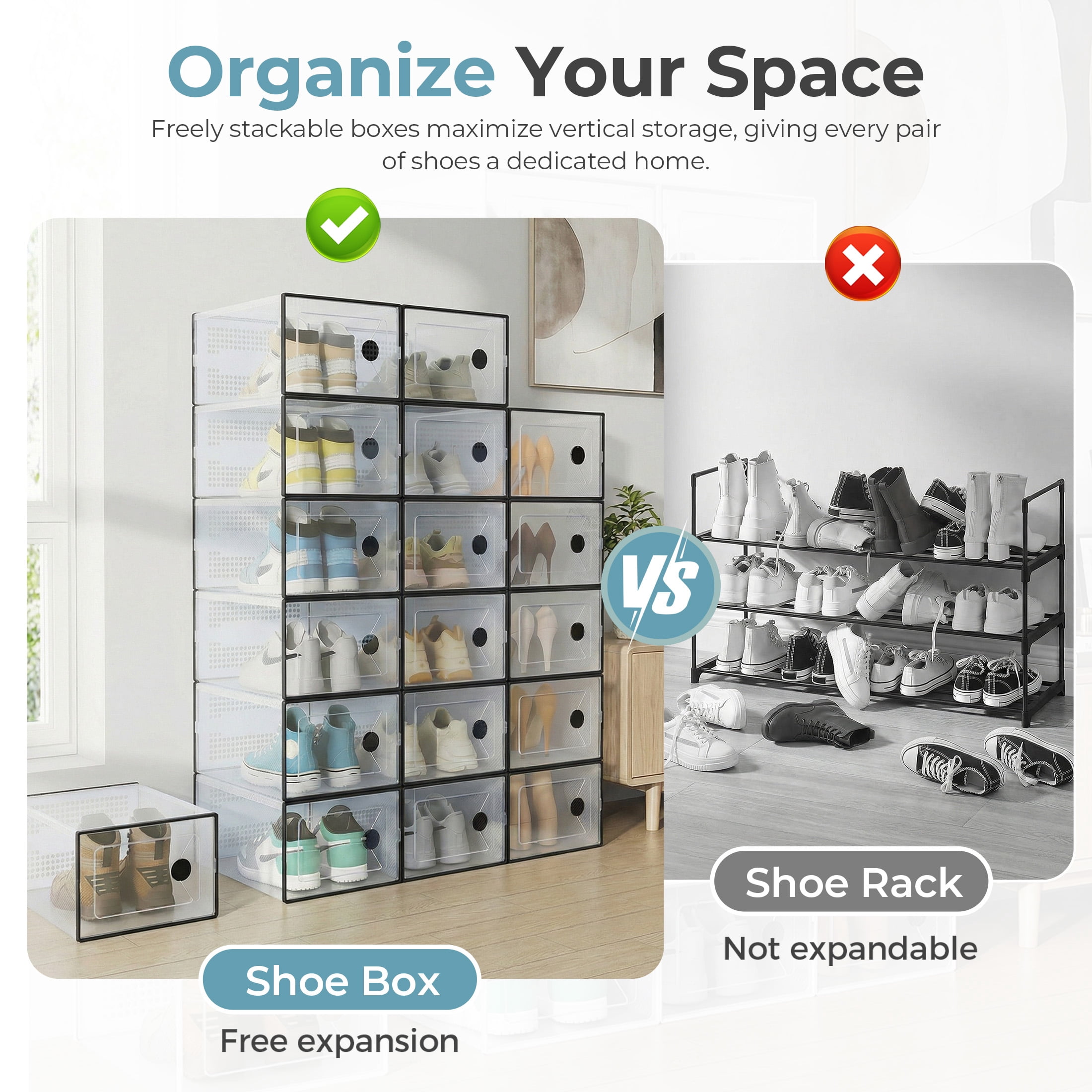 EDX 12-Pack Stackable Clear Shoe Box Organizer, Plastic Storage Bins for Closet Hallway & Bedroom, Ventilated & Stackable Shoe Storage Container Set Holds Shoes up to US Size 9, Black