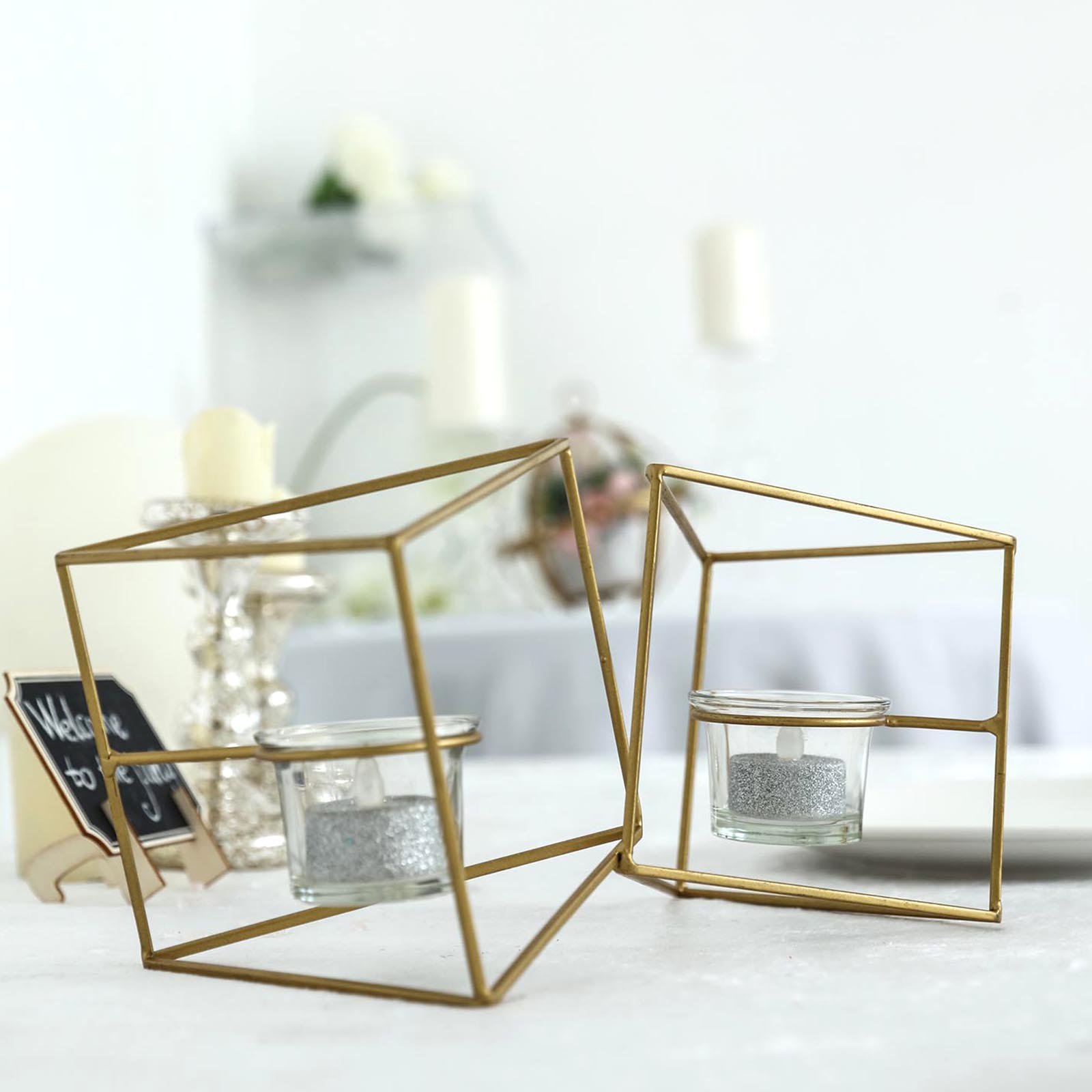 9" Gold Geometric Candle Holder Set 2 Metal Geometric Centerpieces