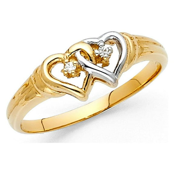 CZ Heart Promise Ring Solid 14k White Yellow Gold Love Band Two Hearts Together Fancy Two Tone, Size 7