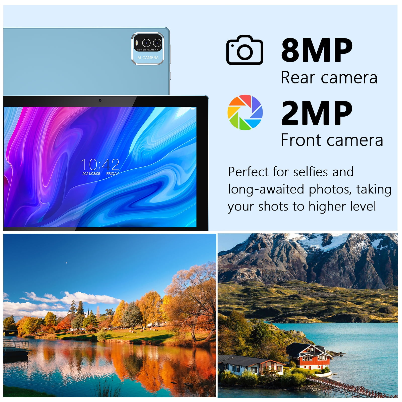 Peicheng 10" Android 15 Tablet, 10(4+6Expand)GB RAM+64GB ROM Tablet Kit with Protective Case/Stylus/Keyboard/Mouse, 2+8MP Dual Camera, 6000mAh Battery (1set, Silvery-blue)