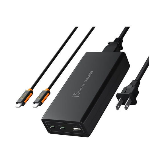 j5create - Power adapter - GaN - 185 Watt - 3 A - Power Delivery 3.1 - 3 output connectors (2 x USB-C, USB) - black
