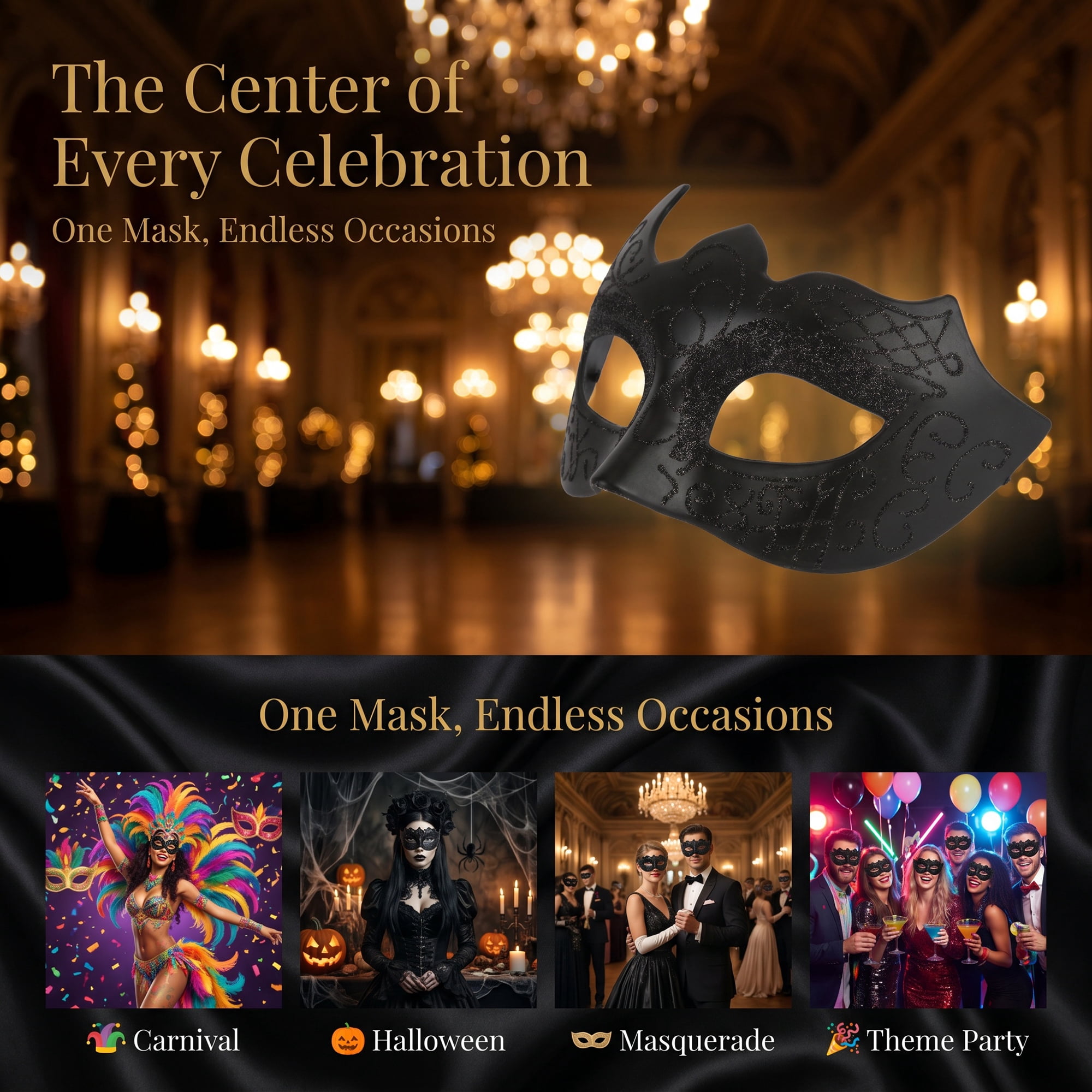 Unique Bargains Venetian Masquerade Mask for Halloween Costume Party Black 6.7" x 4.3"