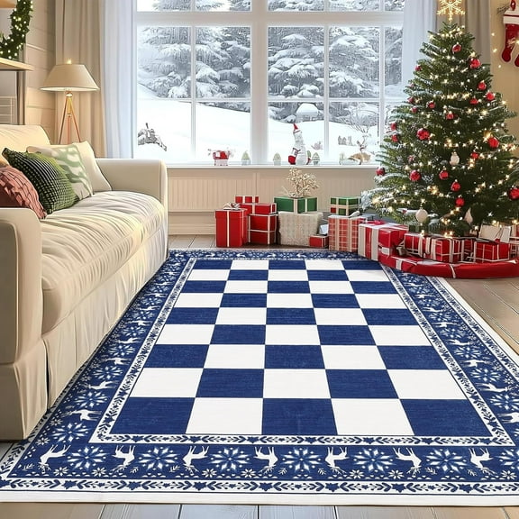 6x9 Area Rugs for Living Room, Checkered Christmas Rugs for Holiday Decor, Non Slip Low Pile Washable Rug for Dining Room, Bedroom, Blue