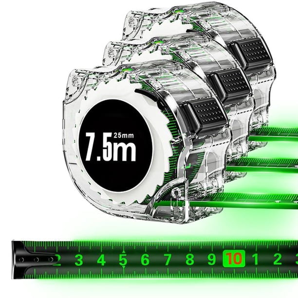 Flexómetro Profesional Fluorescente FlexGlow 3 Pzas 7.5mx25mm ABS y Acero al Carbono Negro y Verde.
