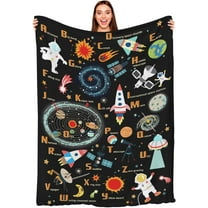 Kids Outer Space Alphabet Educational Throw Blanket, ABC Learning Astronaut Planet Flannel Fleece Bed Blankets, Galaxy Solar System Soft Lightweight Boy Girl Bedding 50 x 60 Space Lover Gift