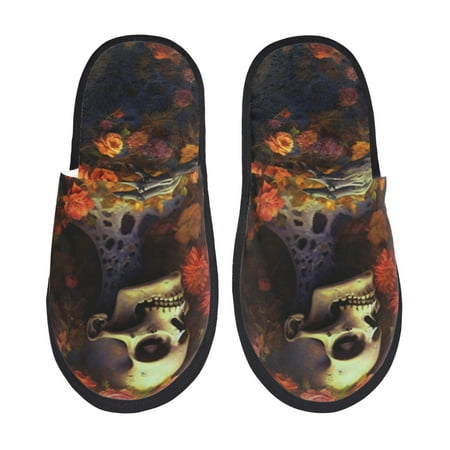 Balery Vintage Floral Skull Slient Indoor Furry Fleece Comfort House Shoes Soft Non-Slip Home Shoes Cotton slippers House Slippers-- Large