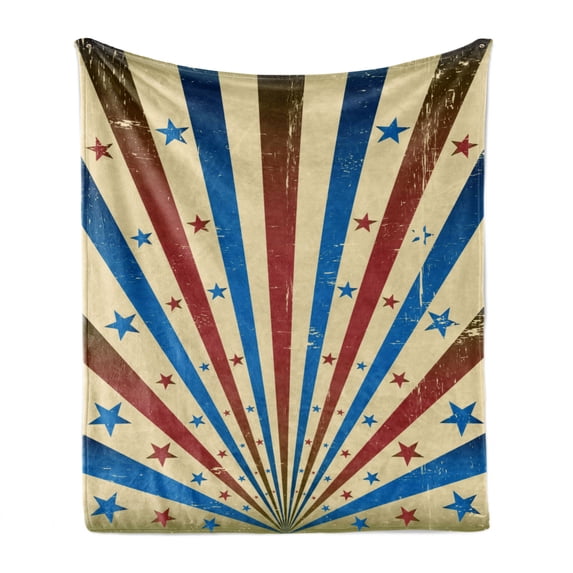Circus Soft Flannel Fleece Blanket, American Flag Inspired Grungy Background with Pastel Colored Rays of Beams and Stars, Cozy Plush for Indoor and Outdoor Use, 70" x 90", Multicolor, by Ambesonne