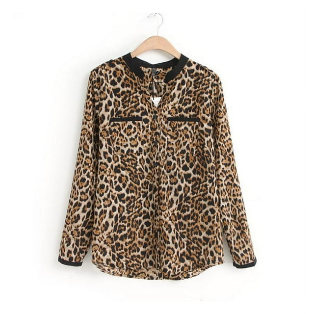 Chemisiers pour Femmes à Manches Longues Nouveaux Chemisiers pour Femmes à Imprimé Léopard Chemise en Chiffon à Manches Longues Ajustée Décontractée S