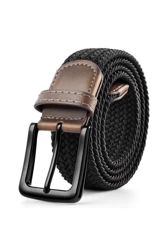 Elastic Belts for Mens Black Buckle Stretch Braided Woven Belt for Work Casual