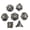 Gear-shaped hollow dice in antique nickel, variant on CNV 7-Piece Steampunk Hollow Gear Metal Dice Set, Mechanical Clockwork Polyhedral RPG Dice for TRPG Tabletop Games, Antique Bronze Finish, Fantasy Gaming Accessory