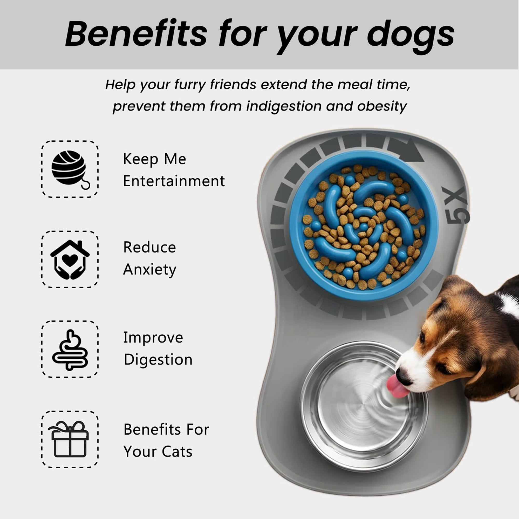 Slow Feeder Dog Bowls Stainless Steel, 3 in 1 No Spill Dog and Water Bowl Set with Non Slip Silicone Mat, Puppy Feeding Station for Large Medium Small Breeds, Gray