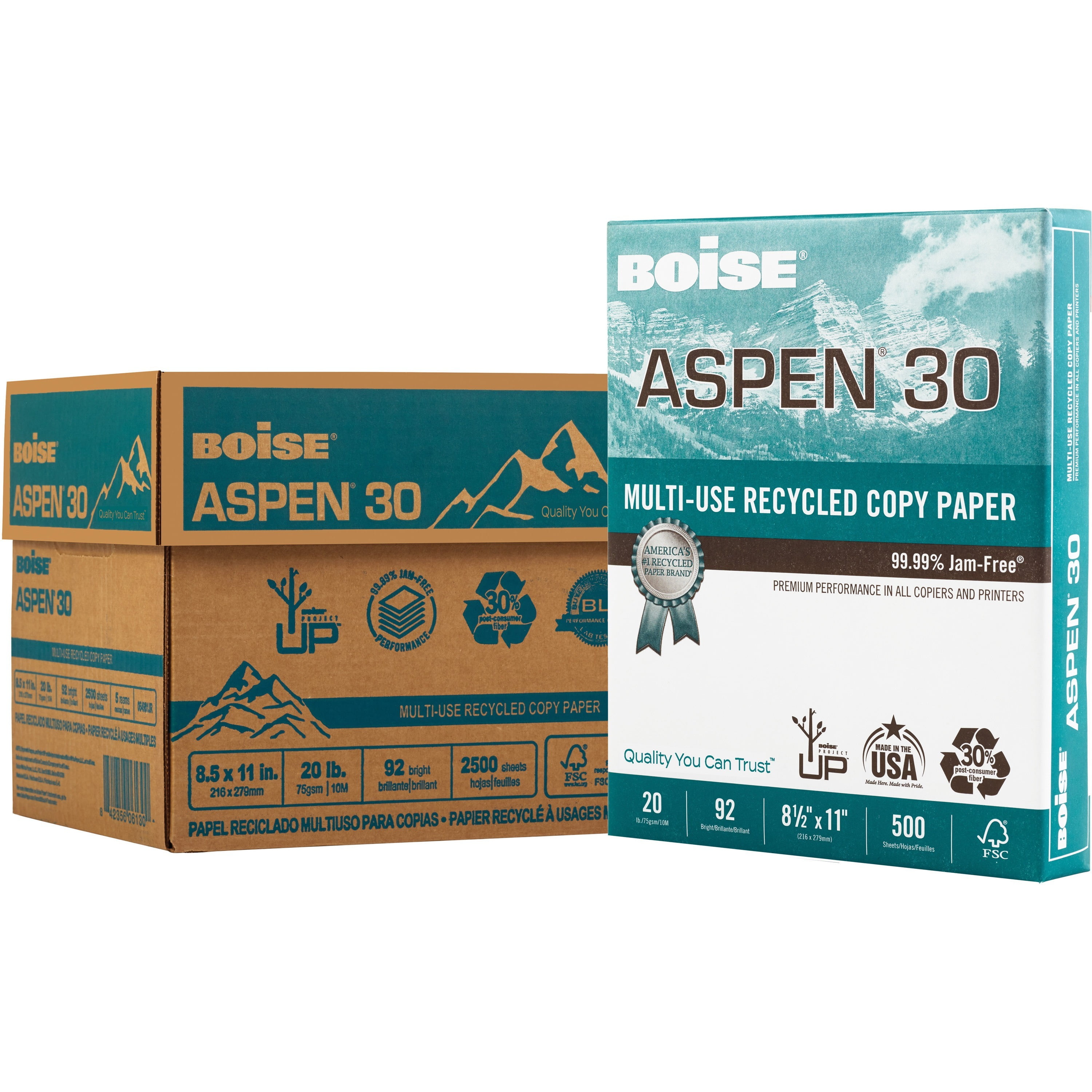 Boise, CAS054901JR, ASPEN 30 MultiUse Recycled Copy Paper, 1 Carton