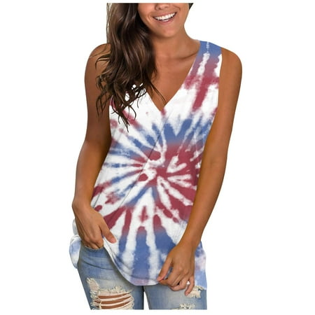 

Women’s Tie Dye Sleeveless Workout Tank Top Cute Printed V Neck Yoga Vest Summer loose Fit Gym Pullover T-shirts