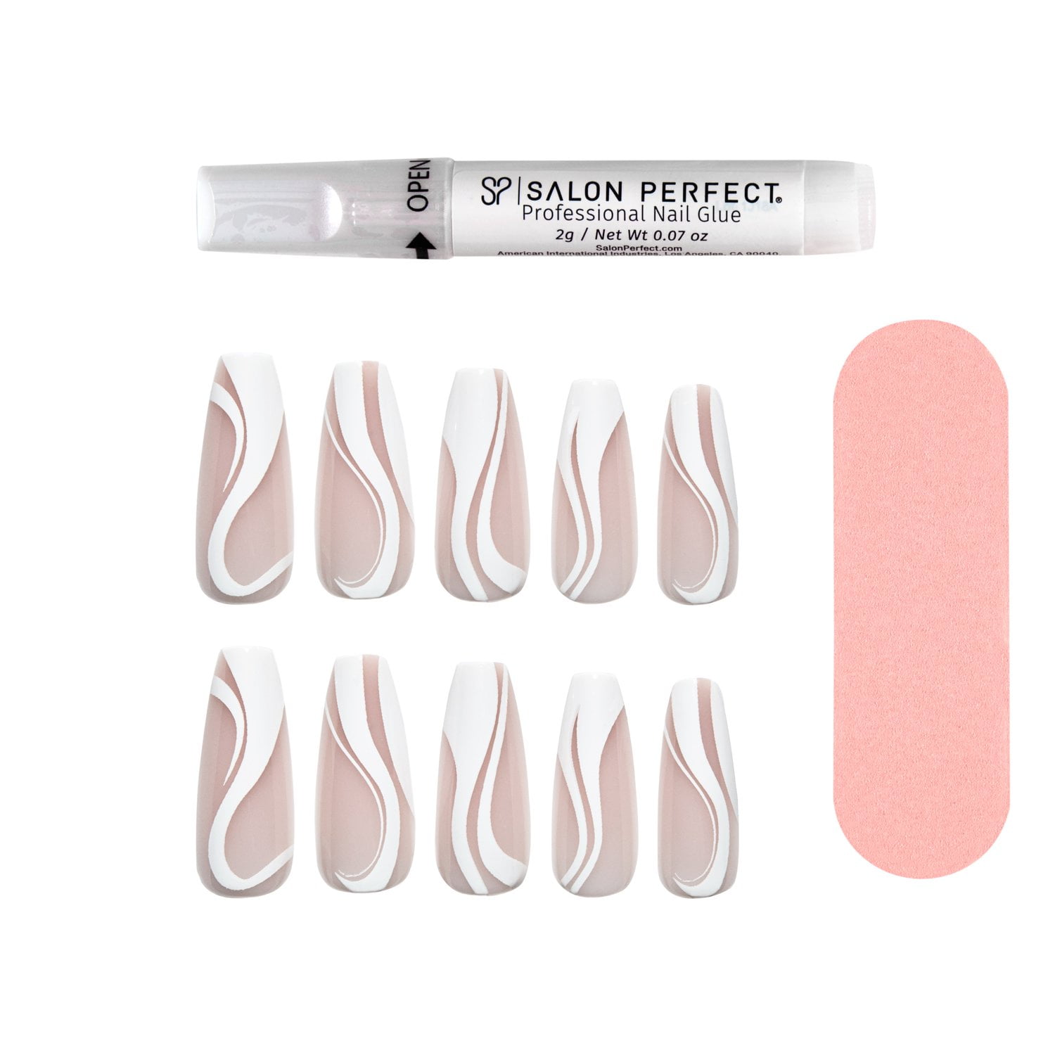 (3 pack) Salon Perfect Artificial Press on Nails, 155 Modern French Tip White Swirl, Long Coffin Glue On Fake Nails, File & Glue Included, 30 Nails