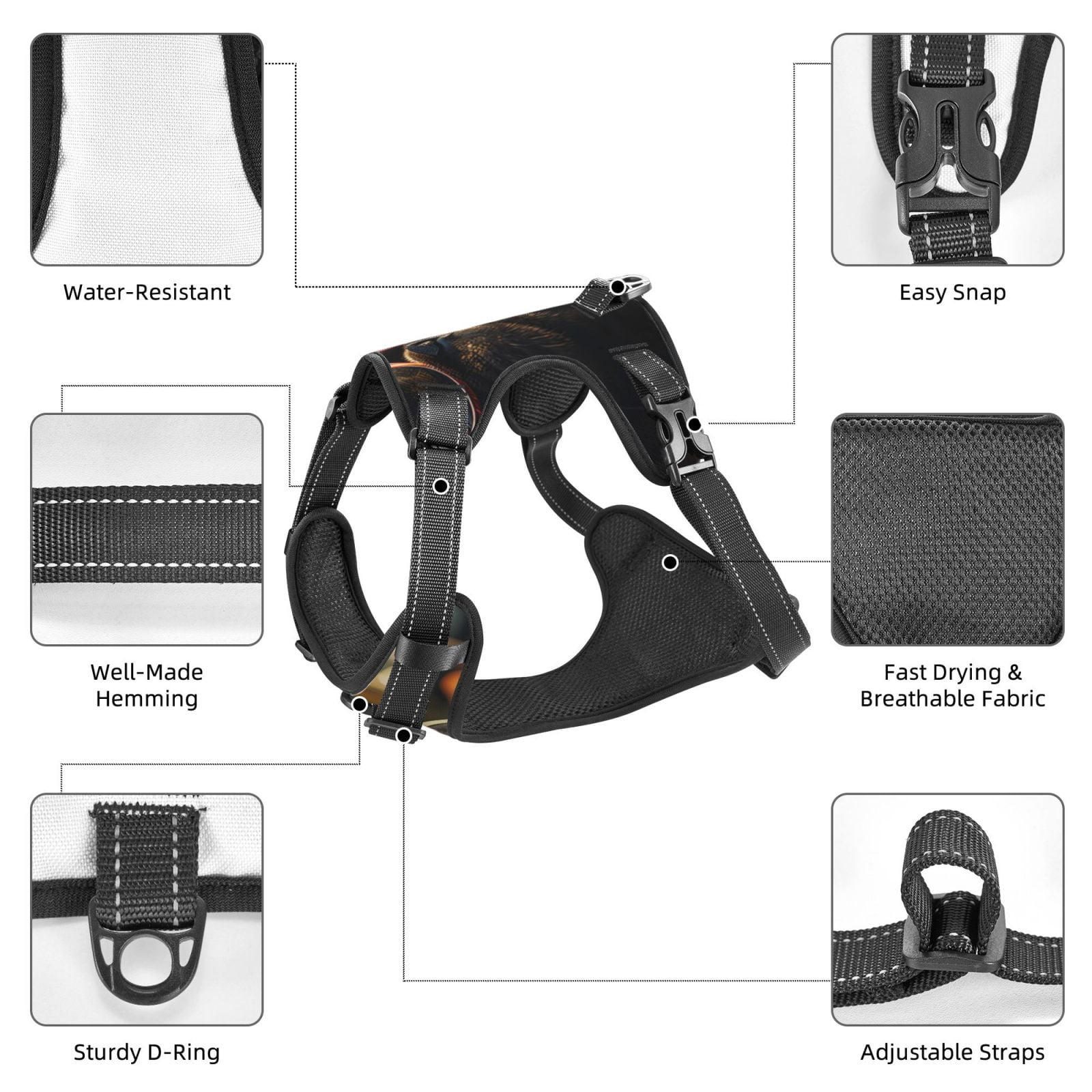 Vsdgher Pug Wearing Sunglasses Flowers Dog Harness, No-Pull Pet Harness, Dog Vest, Pet Vest for Small to Large Dogs-Large