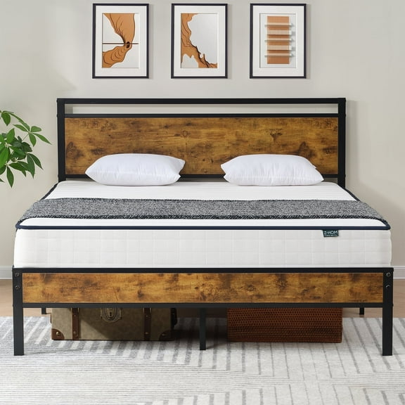 Z-HOM Full Size Metal Platform Bed Frame with Wooden Headboard and Footboard,Vintage Brown