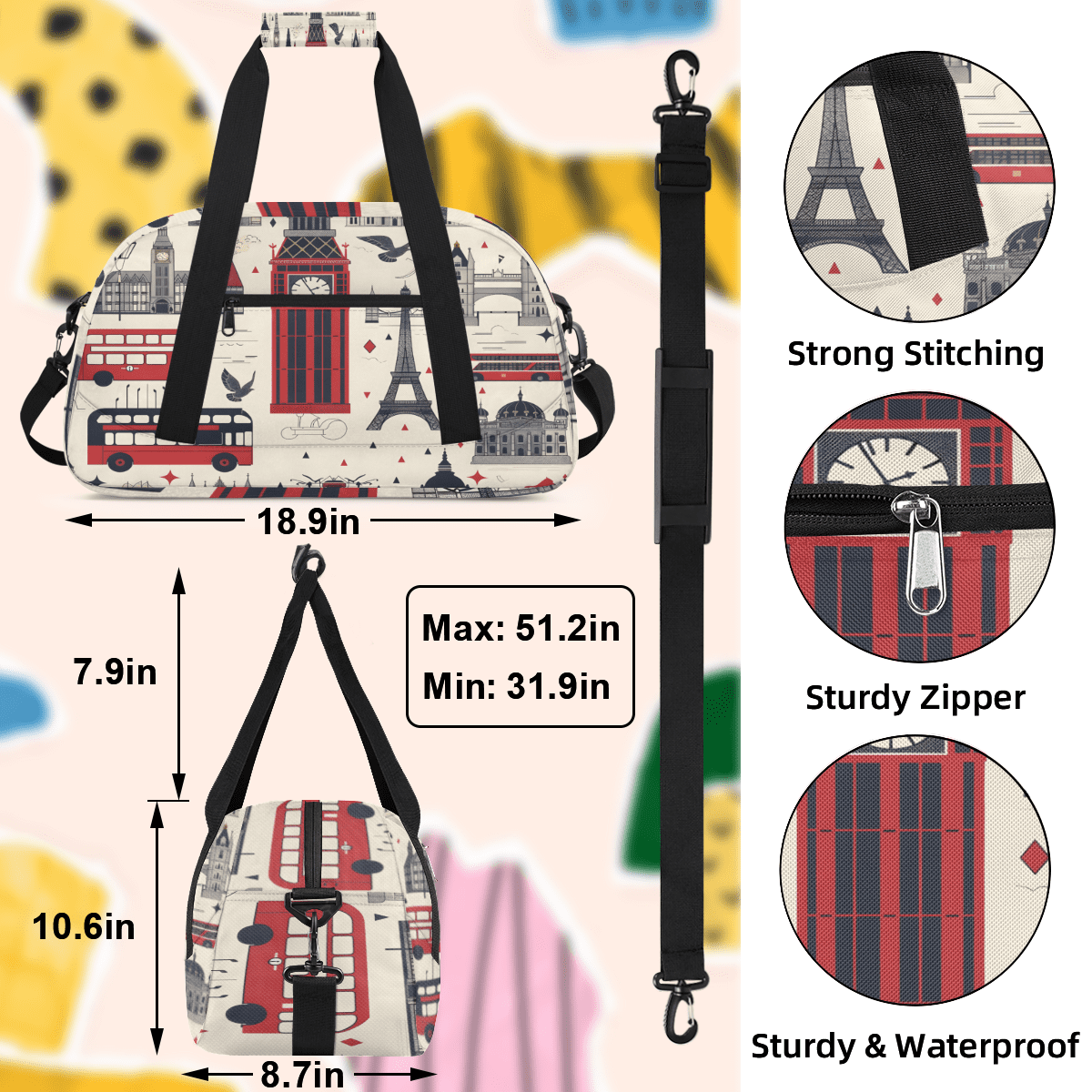 Herdesigns London Sports Duffle Bag for Women & Men, Big Ben England Gym Bag Dance Bag Overnight Bag Carry On Weekender Travel Bag