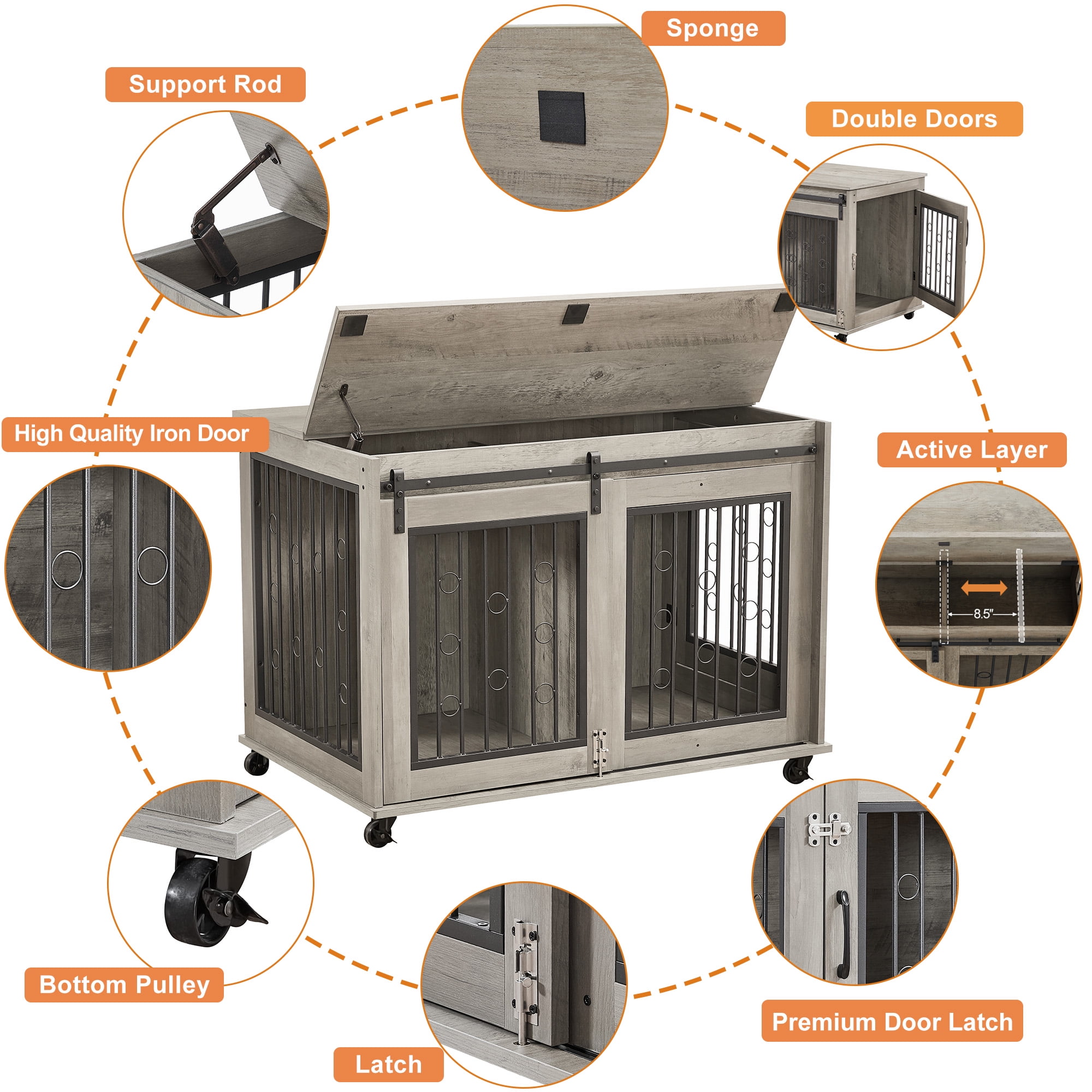Pefilos 39" Dog Crate for Medium Dogs Sliding Door Wooden Dog Cage with Partition for Two Puppies Dog House Indoor, Gray Pefilos 39" Dog Crate for Medium Dogs Sliding Door Wooden Dog Cage with Partition for Two Puppies Dog House Indoor, Gray