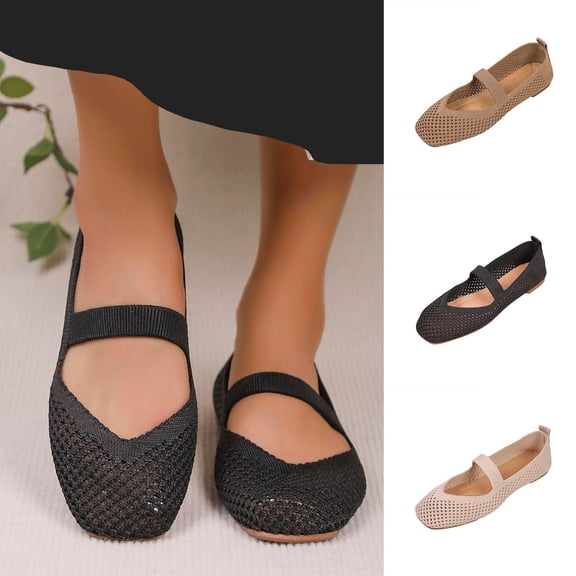 HomeDM Women's Mesh Ballet Flats Square Closed Toe Slip-On Dress Shoes for Casual Work Office, Black Size 5.5