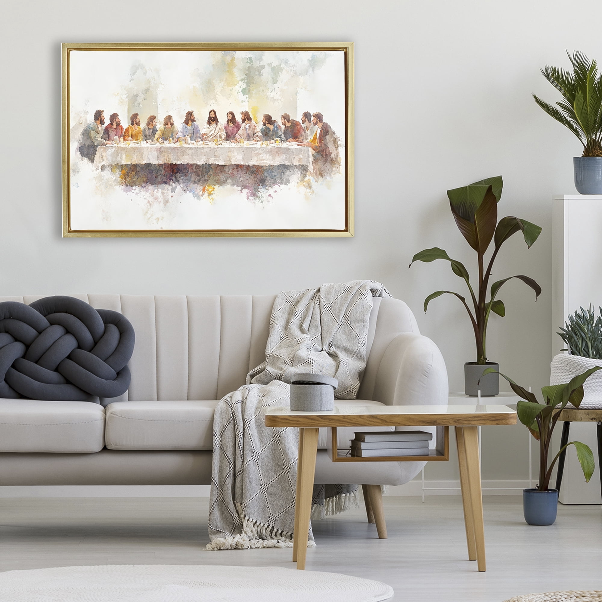 Stupell Industries Watercolor Supper Spirituality Gold Framed Floater Canvas Wall Art, design by Petal Prints Design