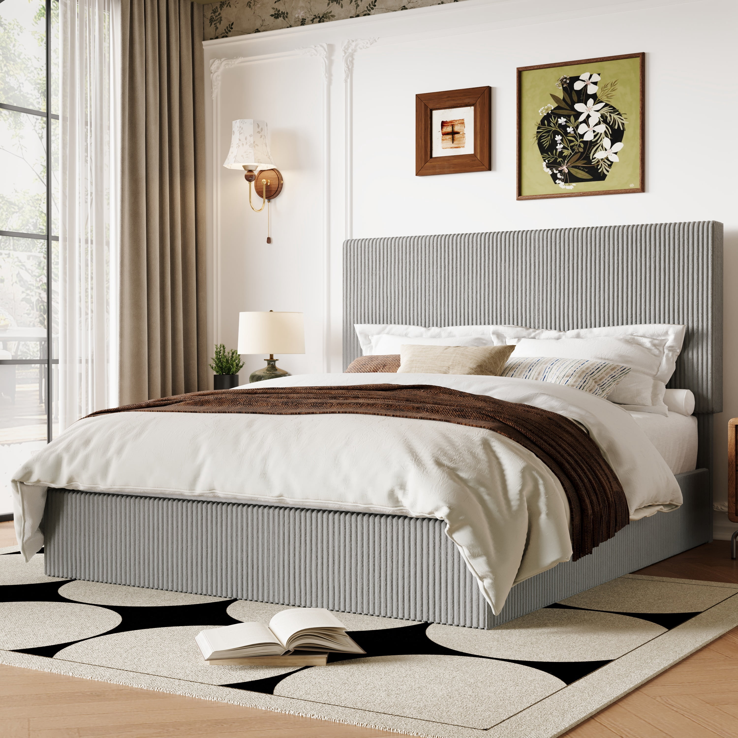 Allewie Queen Bed Frame, Upholstered Platform Bed, Adjustable Vertical Channel Tufted Headboard, Corduroy Fabric, Modern Low Profile, Wooden Slats, No Box Spring Needed, Easy Assembly, Light Grey