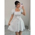 thumbnail image 5 of Black And White Polka Dot Square Neck Puff Sleeve Mini Dress With Corset Waist Tie, 5 of 8