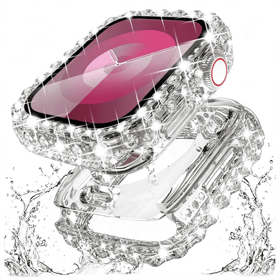 GJX 2 in 1 Waterproof Bling Case Compatible for Watch Series 6 5 4 Se 44Mm Screen Protector,Lace Edge Diamond Protective Bumper Face Cover for Iwatch Accessories Women,44Mm,Clear