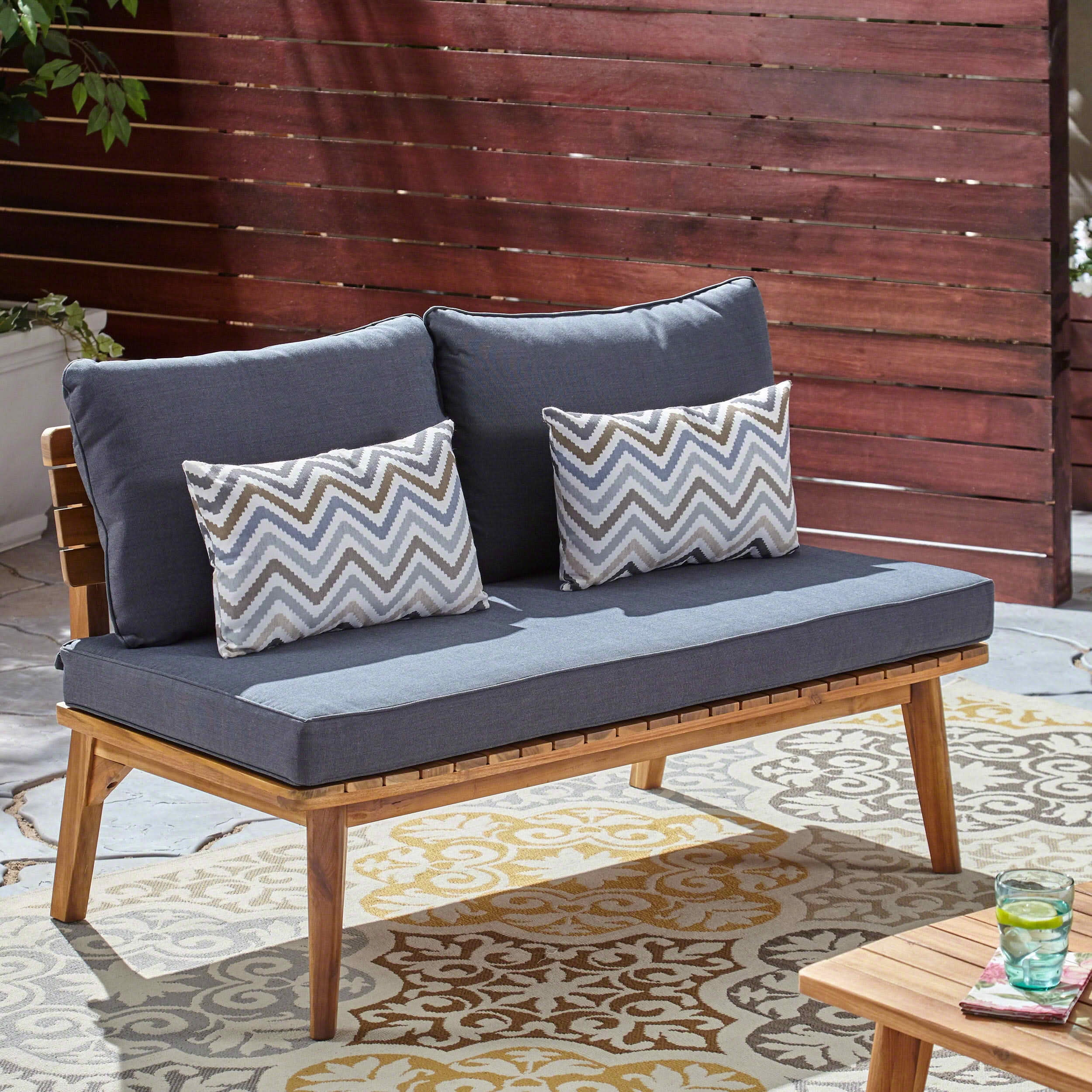 MAYEERTY Mid-Century Acacia Wood Outdoor Loveseat, Patio 2-Seater Sofa with Weatherproof Gray Polyester Cushions, Teak Finish Furniture for Garden Porch Balcony